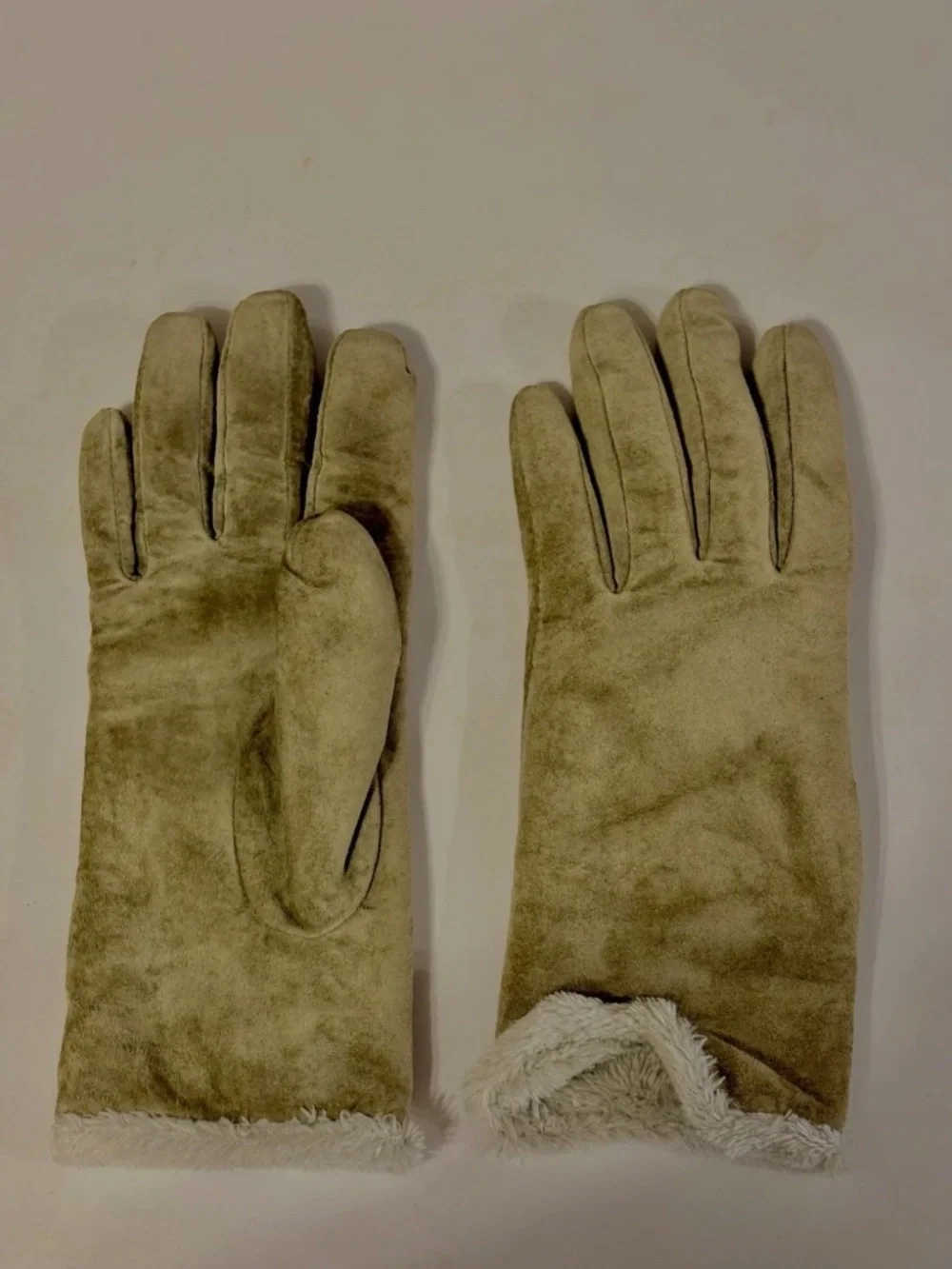 Vintage Genuine Suede Leather Winter Gloves Sherpa Lined Dusty Olive Women’s M